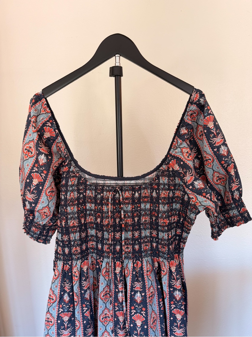 Hill House - Smocked Square-Neck Maxi Dress in Navy and Coral - Picture 3 of 5